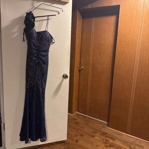 Blue shiny prom dress